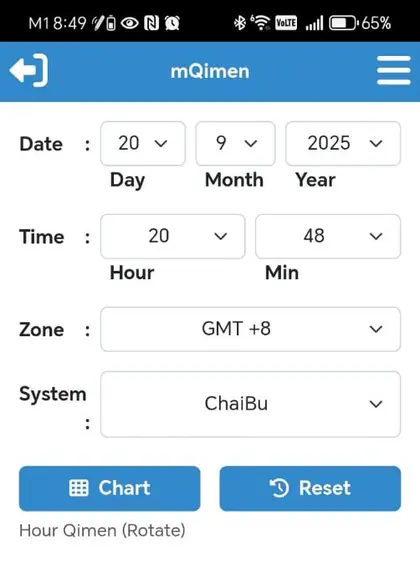 M.Qimen date screen showing the label Hour Qimen (Rotate) under the Chart button